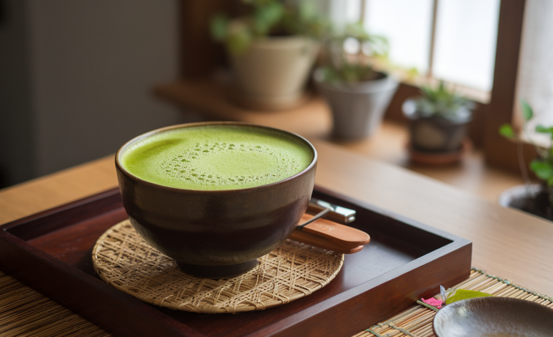 A cup of frothy matcha green tea served in a traditional bowl, with a bamboo whisk beside it.