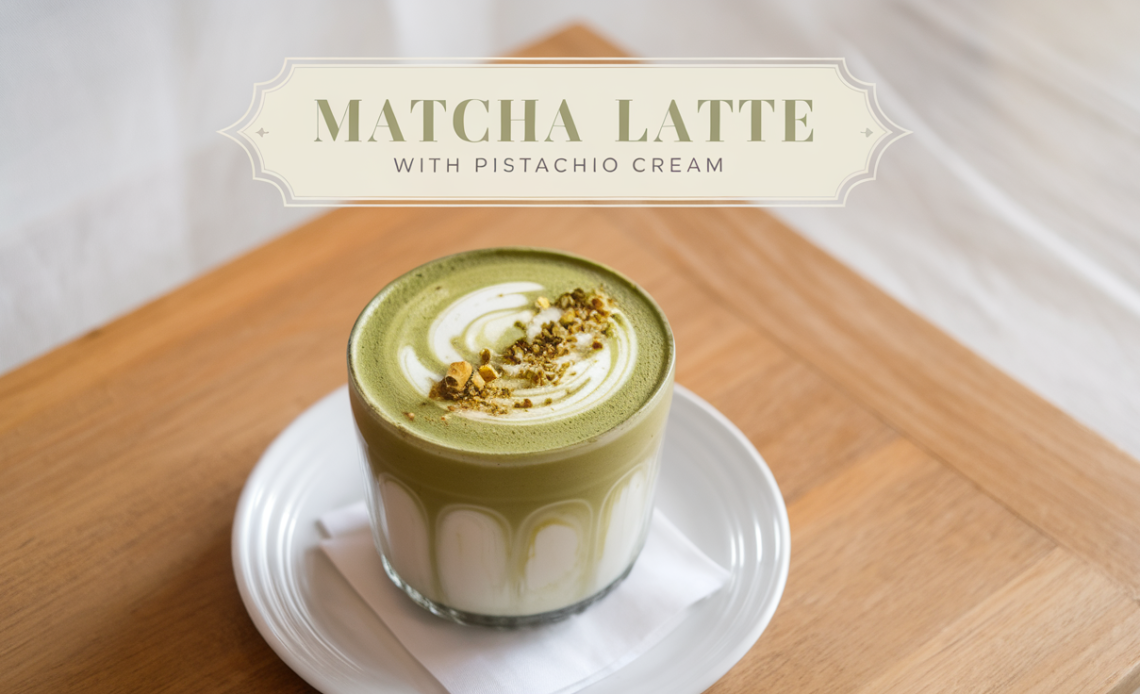 A creamy matcha latte topped with smooth pistachio cream, garnished with a sprinkle of crushed pistachios.
