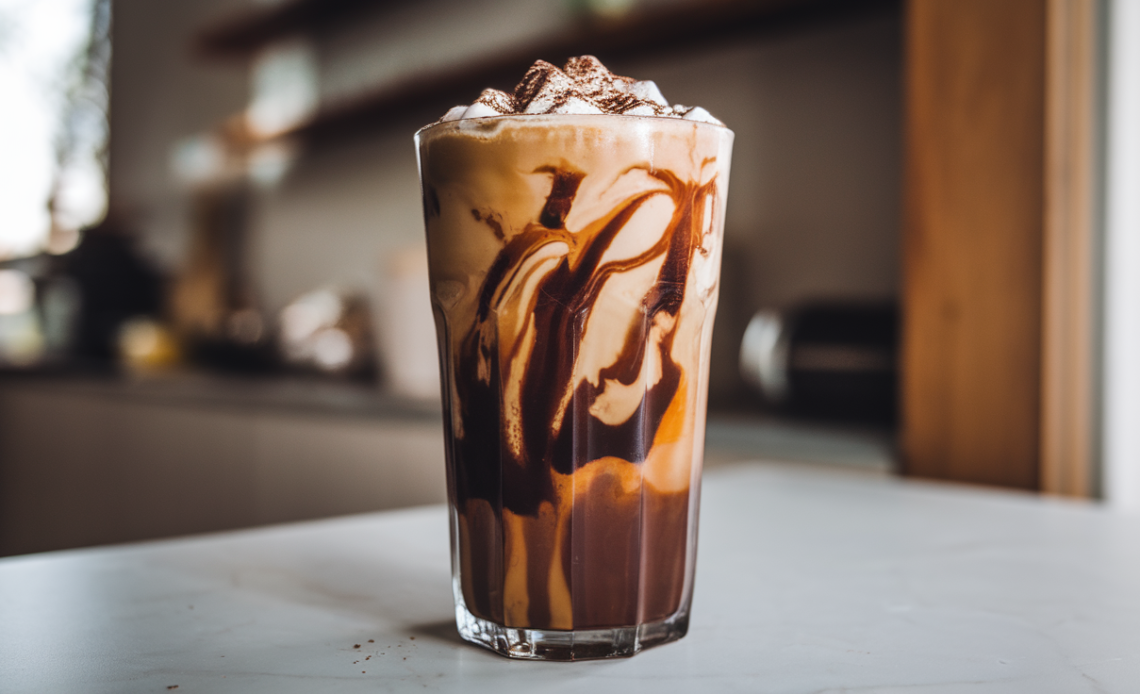 A glass of Mocha Thai Tea topped with whipped cream and a drizzle of chocolate syrup, served over ice.