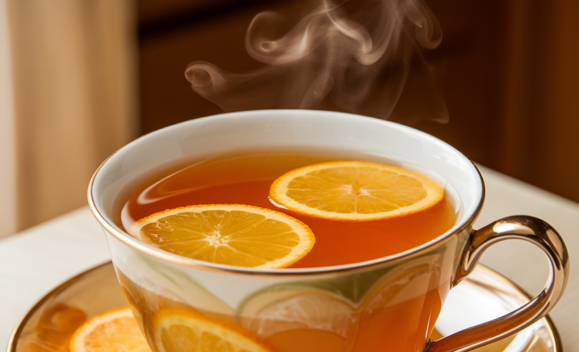 A steaming cup of orange ginger tea placed on a rustic wooden table, surrounded by fresh ginger slices and orange wedges.