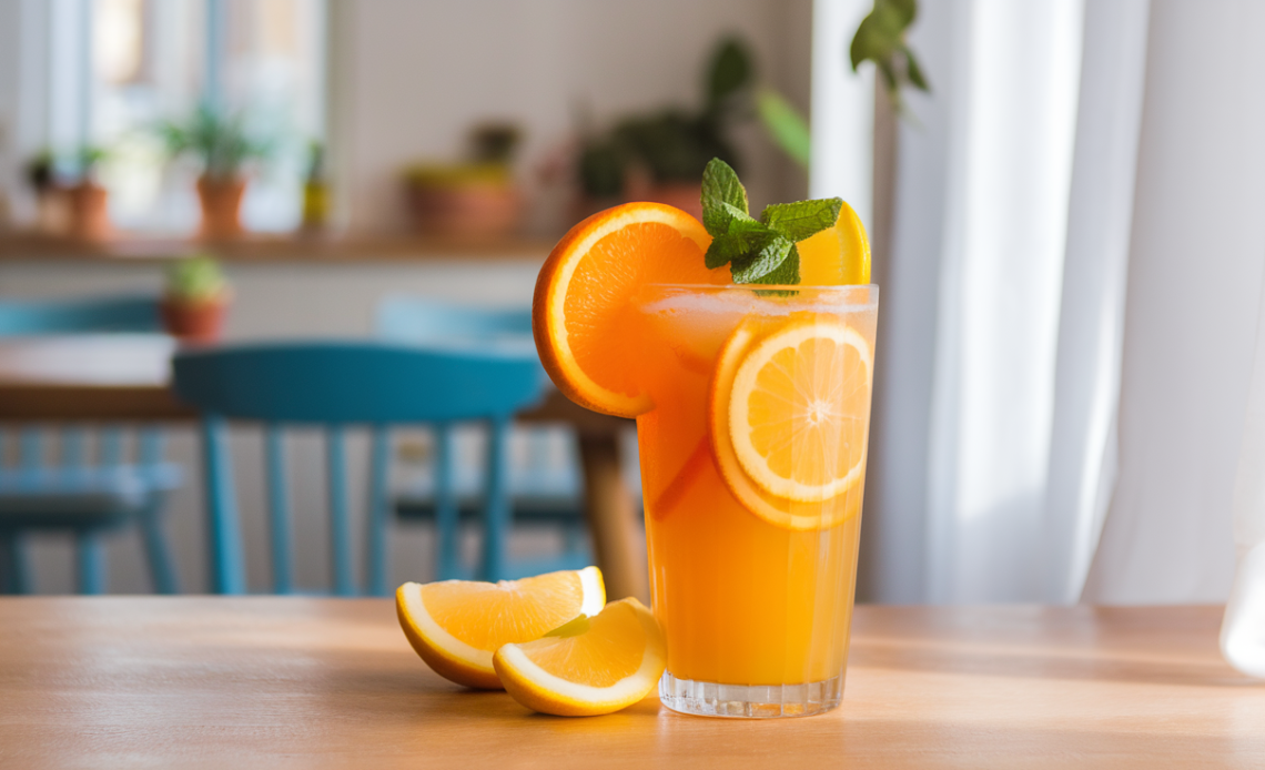 A refreshing glass of orange lemonade with a slice of orange and a lemon wedge garnishing the rim, served in a clear glass with ice cubes.