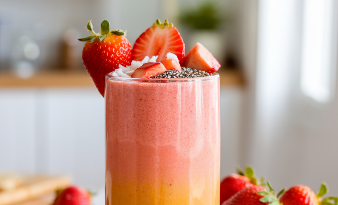 A refreshing Paleo Strawberry Guava Smoothie in a glass, garnished with fresh strawberries and guava slices, surrounded by whole fruit ingredients.