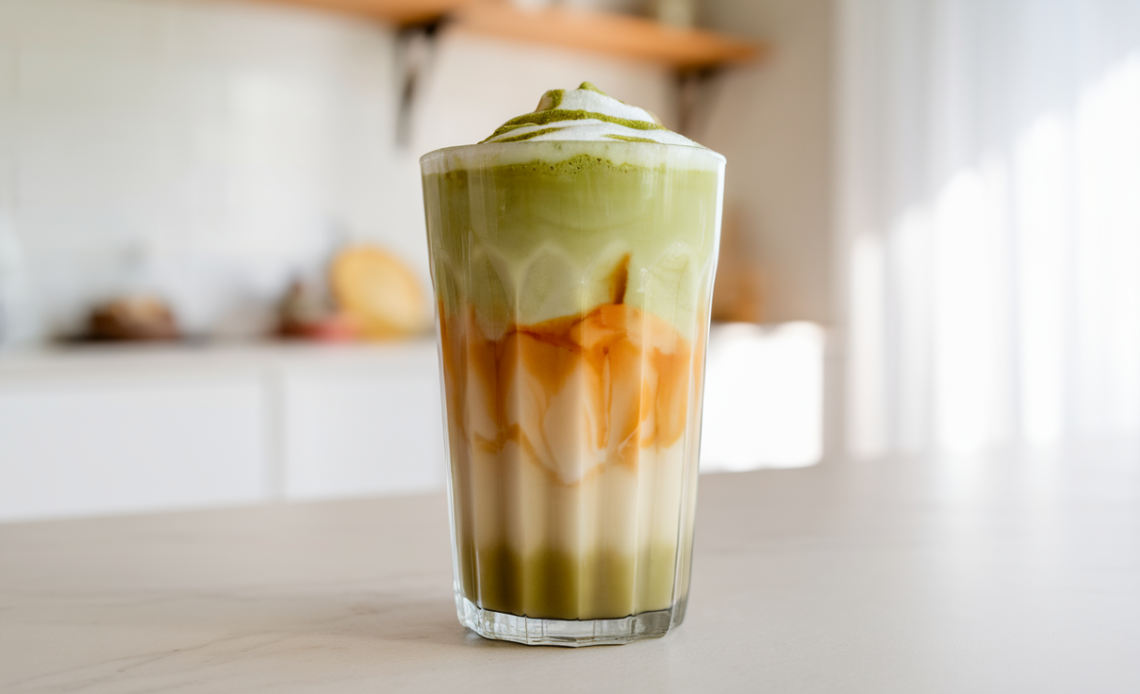 A refreshing Peach Matcha Iced Latte served in a clear glass with vibrant layers of peach syrup, matcha, and ice cubes, topped with a light frothy cream.