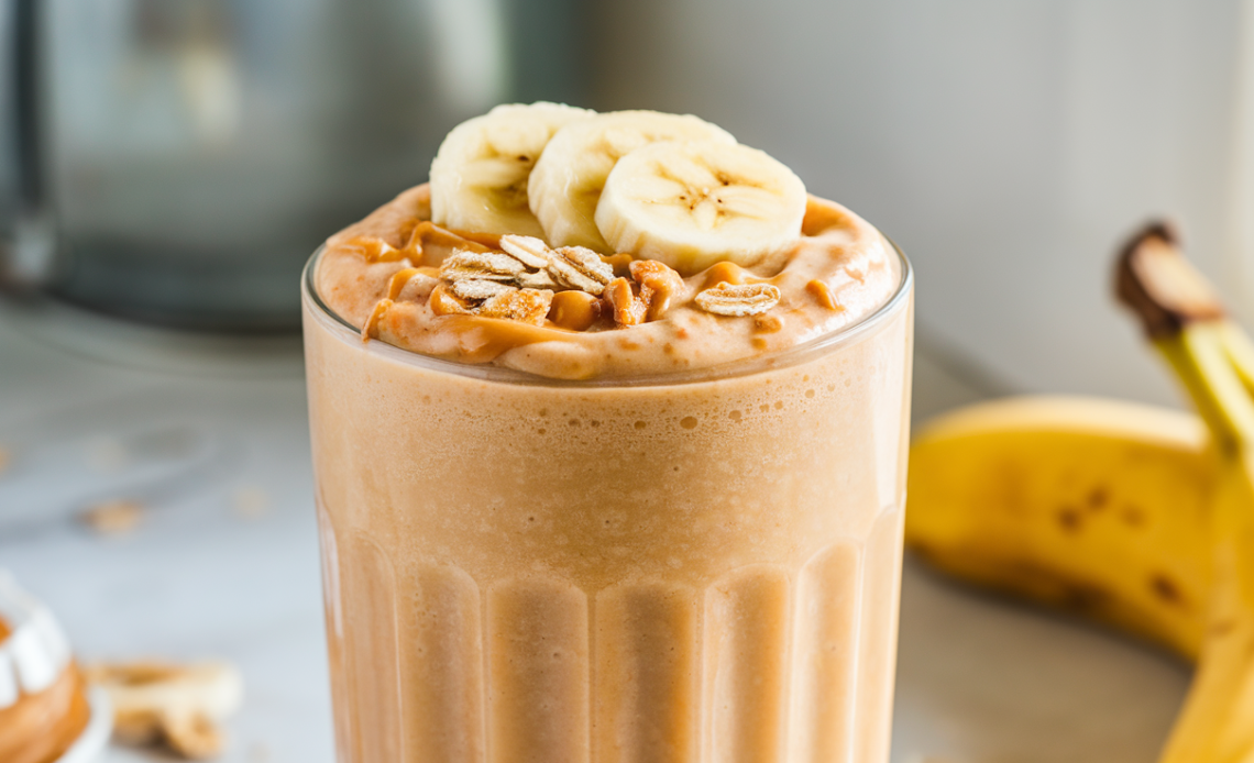 A refreshing Peanut Butter Banana Oatmeal Smoothie in a glass, garnished with banana slices and a drizzle of peanut butter on top.
