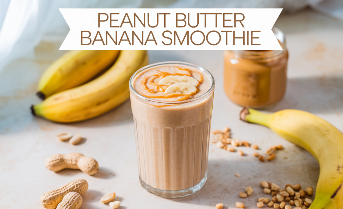 Delicious peanut butter banana smoothie served in a glass with a swirl of peanut butter on top, garnished with banana slices.