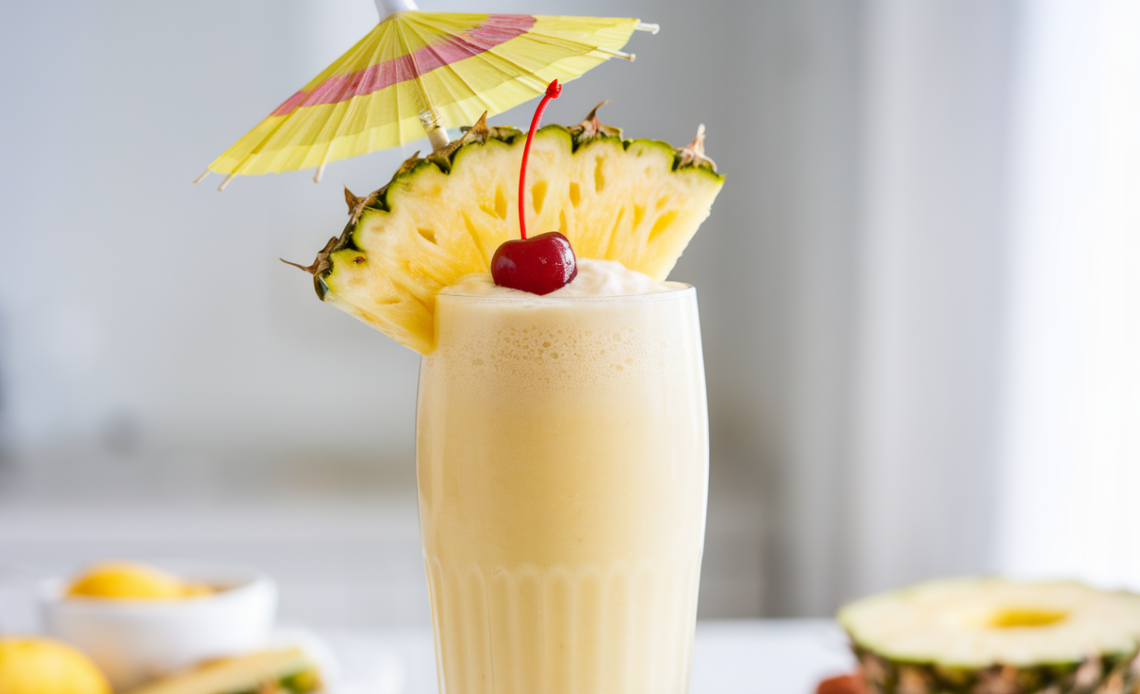 A creamy Piña Colada smoothie in a glass garnished with a pineapple wedge and coconut flakes, with tropical fruits in the background.