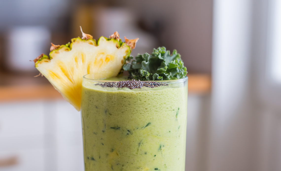A refreshing green pineapple kale smoothie in a glass, with vibrant