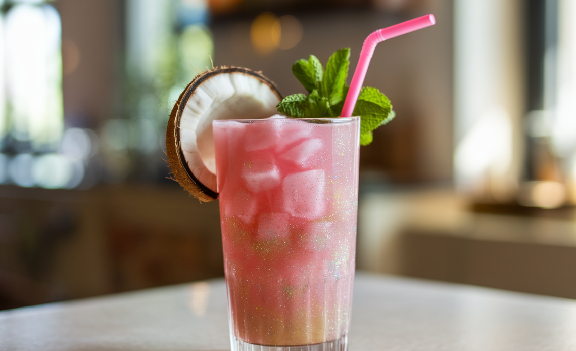 Close-up of a pink coconut with glitter soda served in a glass with ice, garnished with a straw and colorful decorations.