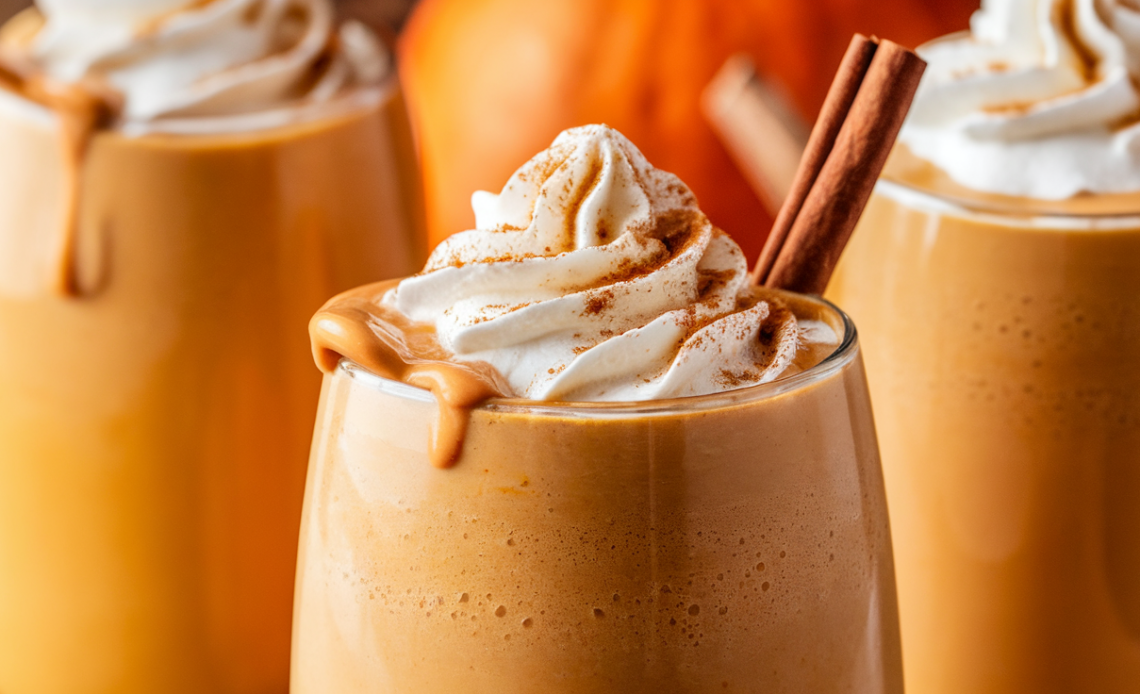 A glass of creamy pumpkin peanut butter smoothie topped with whipped cream and a sprinkle of cinnamon, surrounded by autumn leaves and a small pumpkin.
