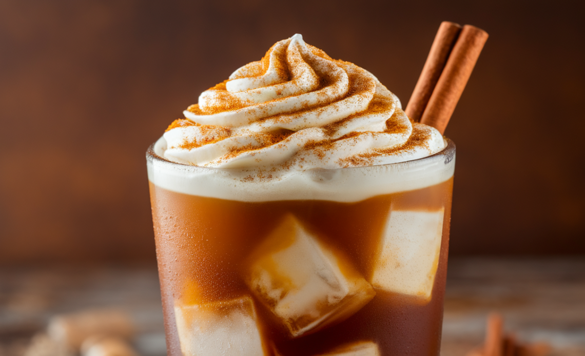 A refreshing glass of Pumpkin Spice Cold Brew with whipped cream and a cinnamon stick garnish.