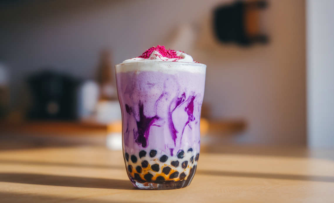 A glass of vibrant purple sweet potato milk tea topped with ice cubes, served with a wide straw.