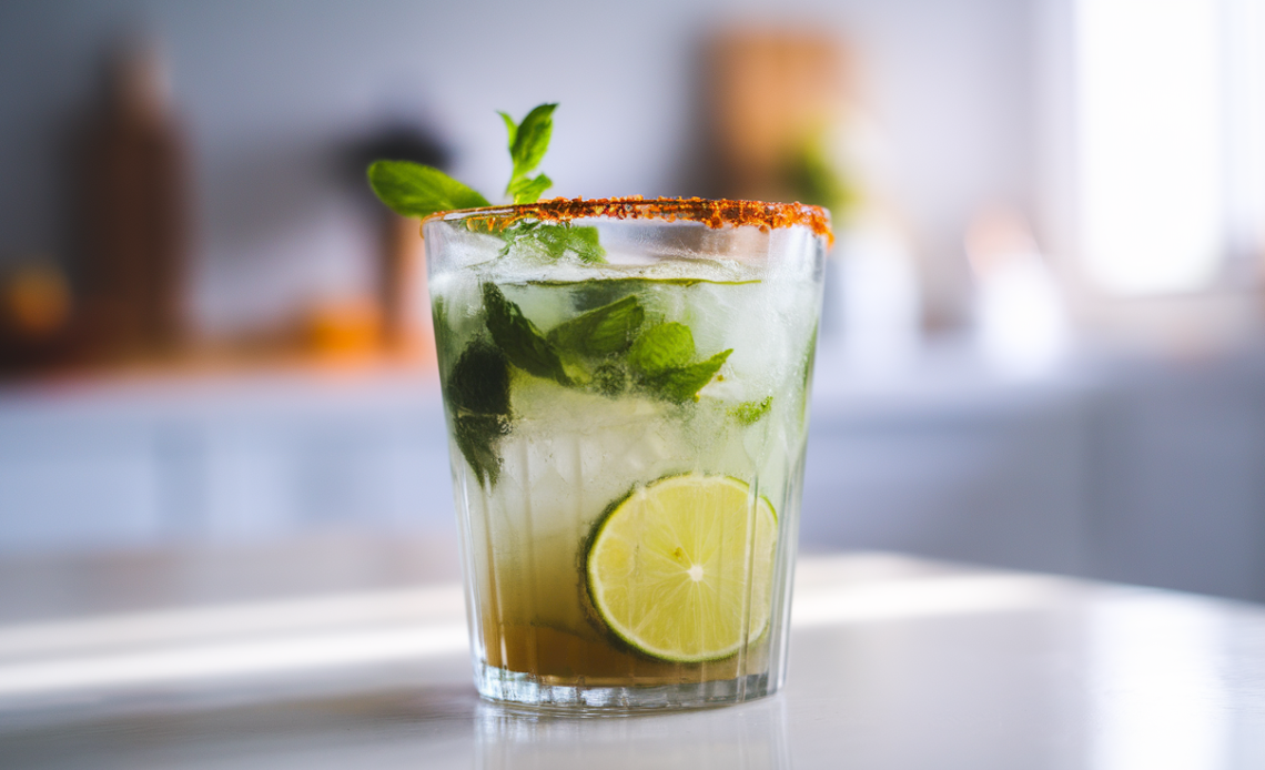 Glass of refreshing pulse lemonade garnished with mint and lemon slices, placed on a rustic wooden table.