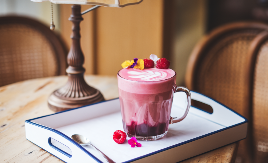 Raspberry Hibiscus Latte in a glass cup with vibrant pink color, topped with frothy milk and a sprinkle of dried hibiscus petals.