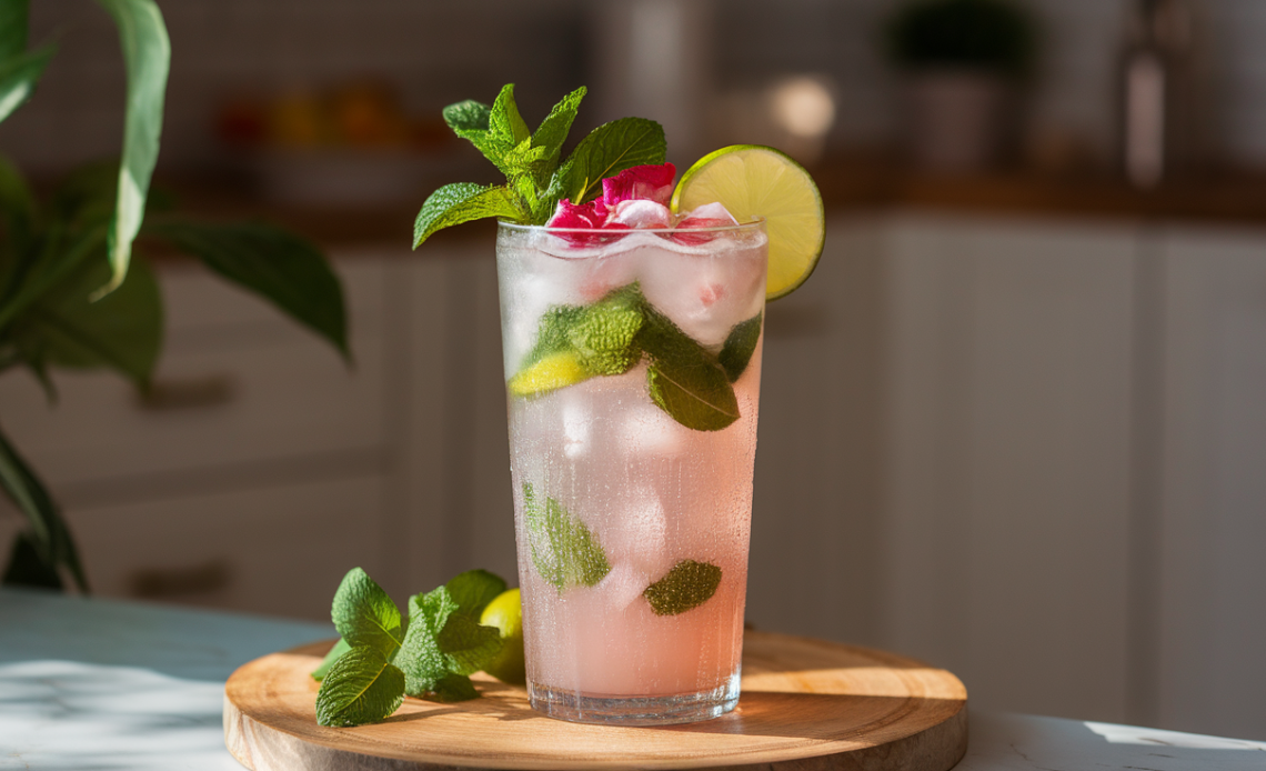 A refreshing glass of rose mojito cocktail garnished with fresh mint leaves, rose petals, and lime slices.