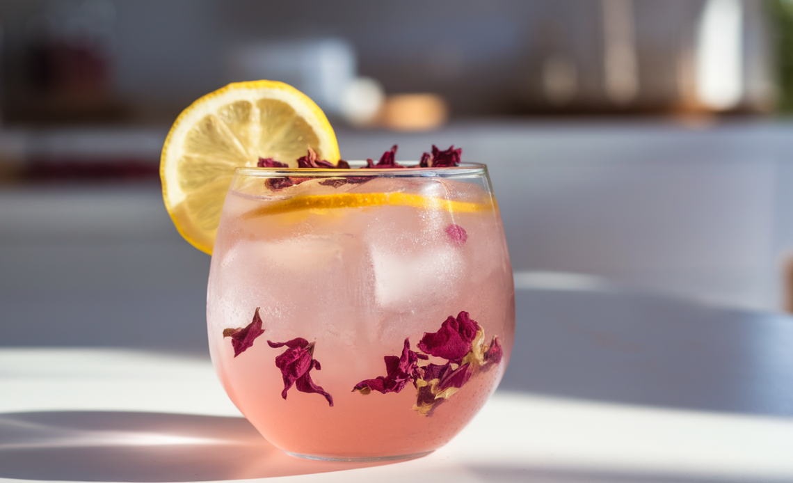 A refreshing glass of rose tea lemonade, garnished with a slice of lemon and a sprig of mint, placed on a wooden table with soft lighting.