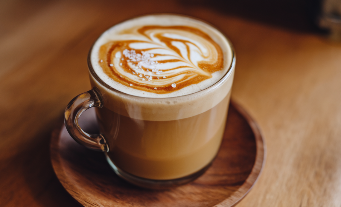 Salted Maple Latte in a cozy coffee mug, topped with a sprinkle of sea salt and a drizzle of maple syrup.