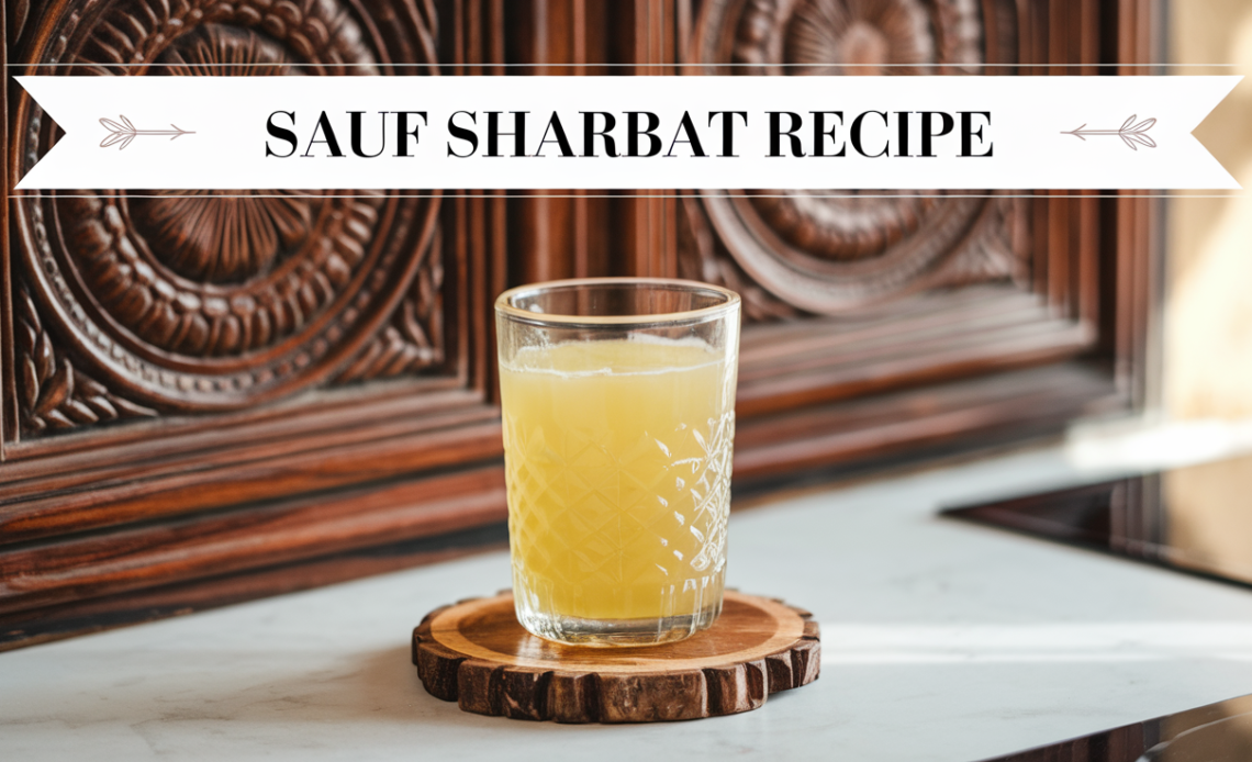 A glass of chilled Sauf Sharbat garnished with fennel seeds and mint leaves, served on a wooden table with ingredients like fennel, sugar, and lemon around it.