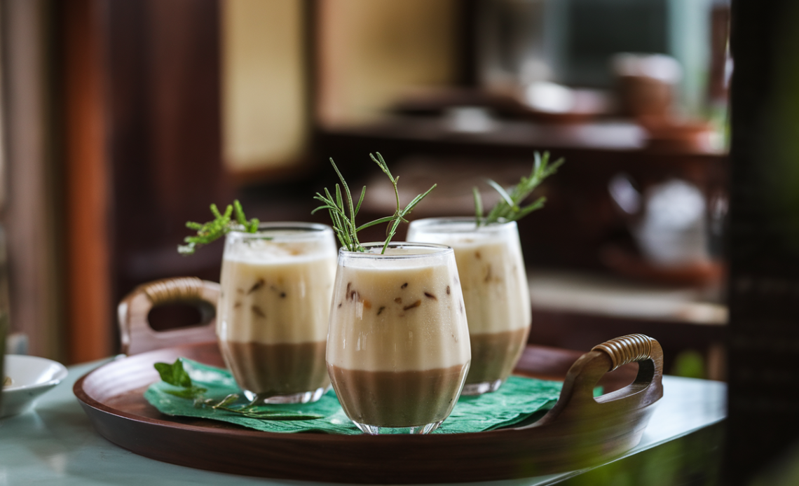A bowl of vibrant purple Solkadhi served with fresh coriander leaves and a hint of lime, garnished on a wooden table.
