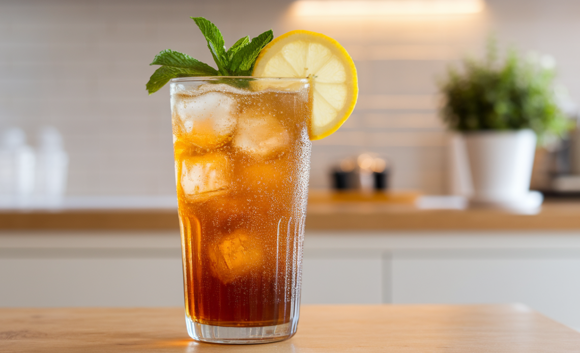 A refreshing bottle of Sprite Iced Tea with condensation on the surface, sitting on a wooden table surrounded by fresh lemon slices and mint leaves.