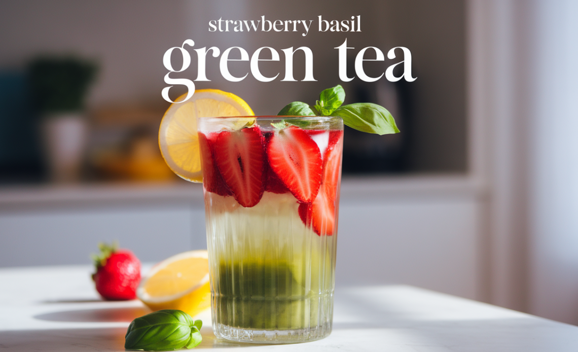 A refreshing glass of strawberry basil green tea garnished with fresh strawberries and basil leaves, served in a clear glass with ice cubes.