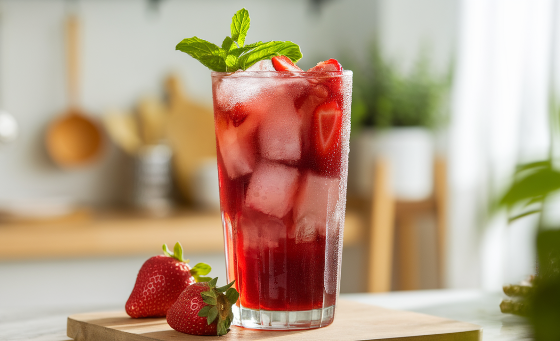 A refreshing glass of Strawberry Honey Hibiscus Iced Tea garnished with fresh strawberries and a slice of lemon, served in a tall glass with ice cubes.