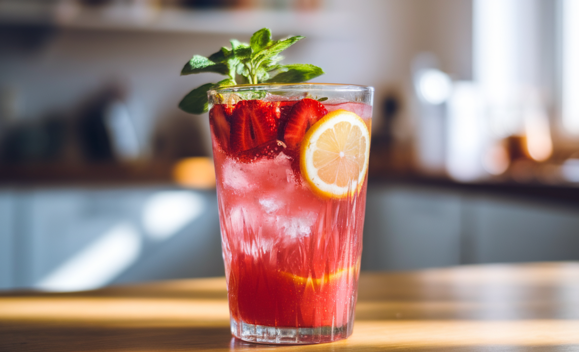 A refreshing glass of strawberry lemonade with fresh strawberries and lemon slices, garnished with mint leaves.