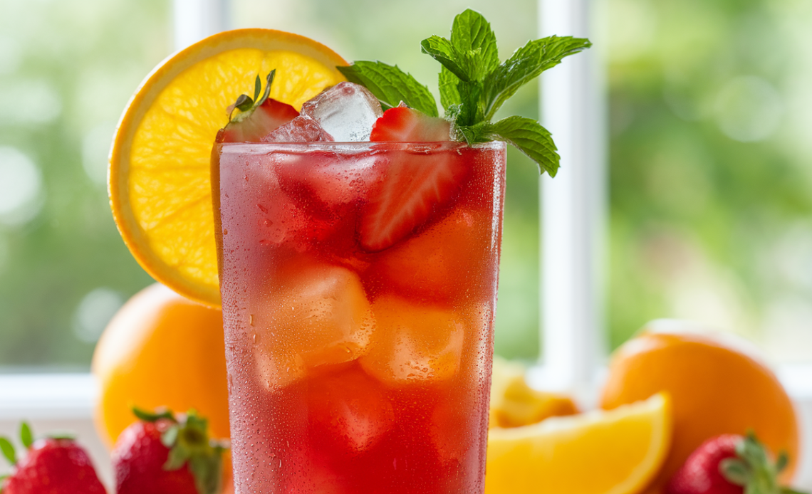 A refreshing glass of Strawberry Orange Refrigerator Iced Tea served with fresh strawberries and orange slices.