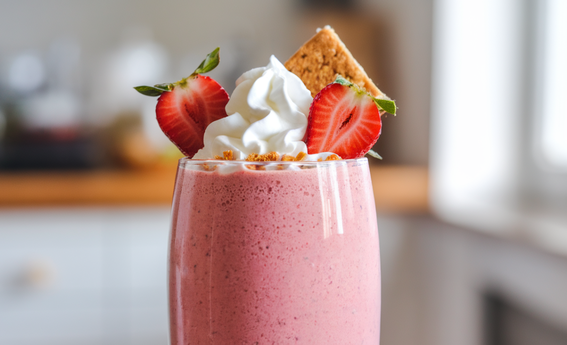 Glass of Strawberry Shortcake Protein Smoothie topped with whipped cream and fresh strawberry slices.