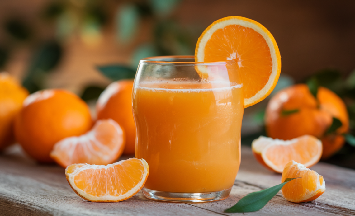 Freshly squeezed tangerine juice with vibrant orange color served in a glass, garnished with a slice of tangerine.