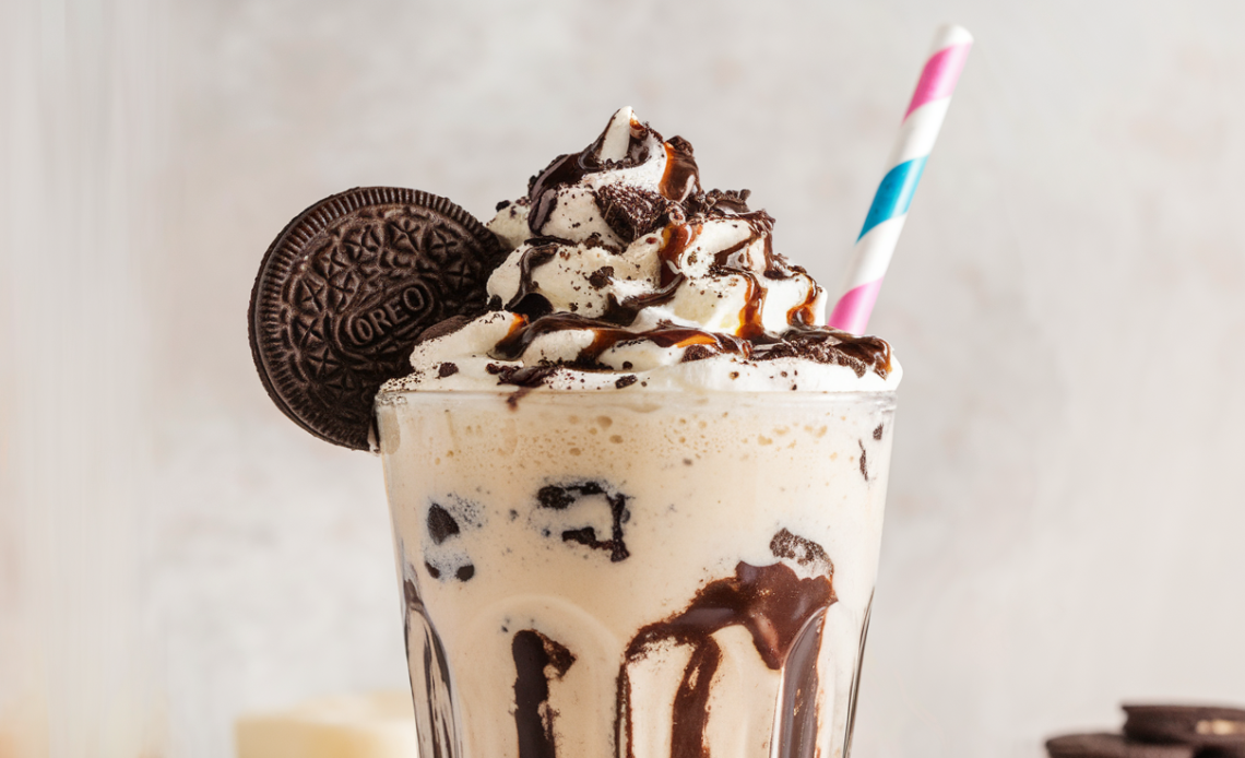A tall glass of Oreo milkshake topped with whipped cream, crushed Oreo cookies, and a striped straw on a wooden table.