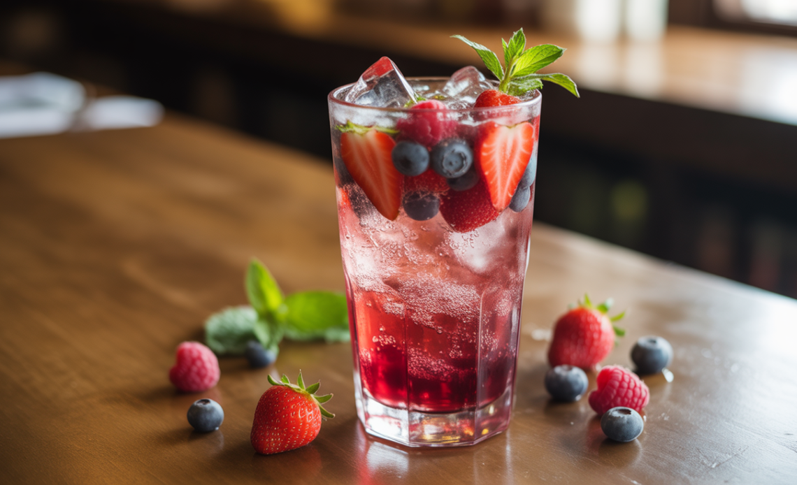 A refreshing glass of Triple Berry Soda with vibrant red, purple, and blue berries floating on top, served with ice and a slice of lemon.