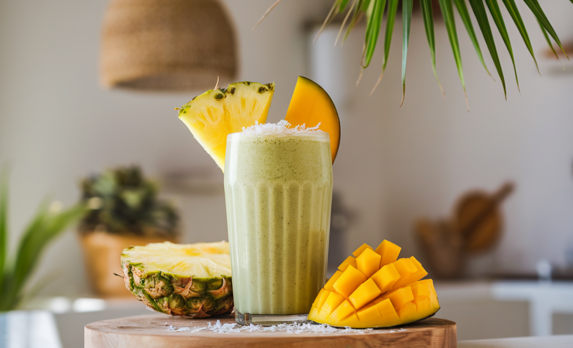 A vibrant green smoothie in a glass jar, garnished with a pineapple slice and mint leaves, surrounded by tropical fruits like mango, kiwi, and coconut on a sunny beach backdrop.