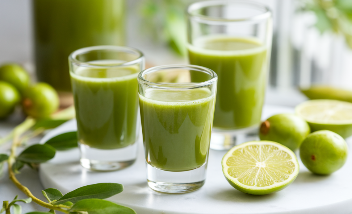 A refreshing glass of Vitamin C Amla Shots garnished with fresh amla fruits, showcasing its rich antioxidant benefits.