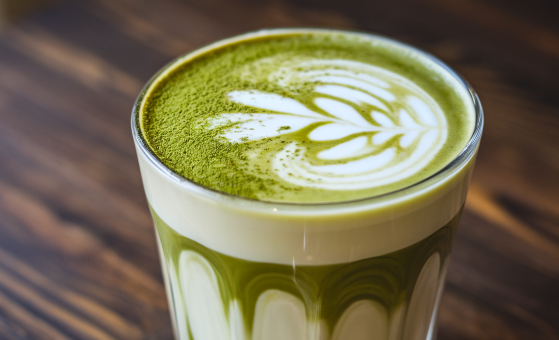 A glass of vanilla matcha latte with creamy green layers topped with frothy milk, served on a wooden table beside a small spoon and matcha powder.