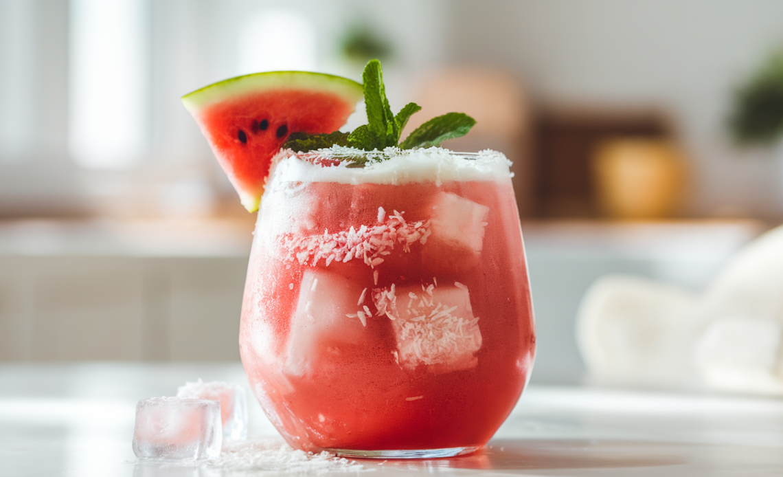 A refreshing glass of Watermelon Coconut Cooler garnished with mint leaves and served with ice cubes on a sunny day.