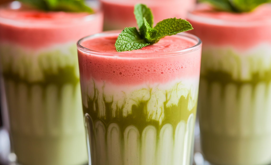 Watermelon Matcha Latte served in a glass with fresh watermelon slices and matcha powder on top.