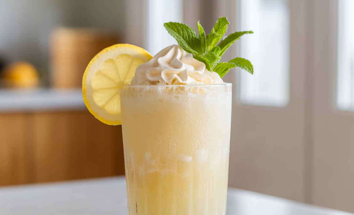 A refreshing glass of whipped frozen lemonade topped with a creamy coconut milk swirl, garnished with a slice of lemon.